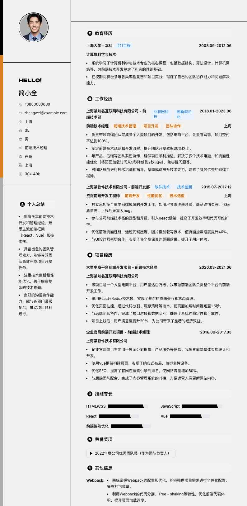 前端技术经理简历模板