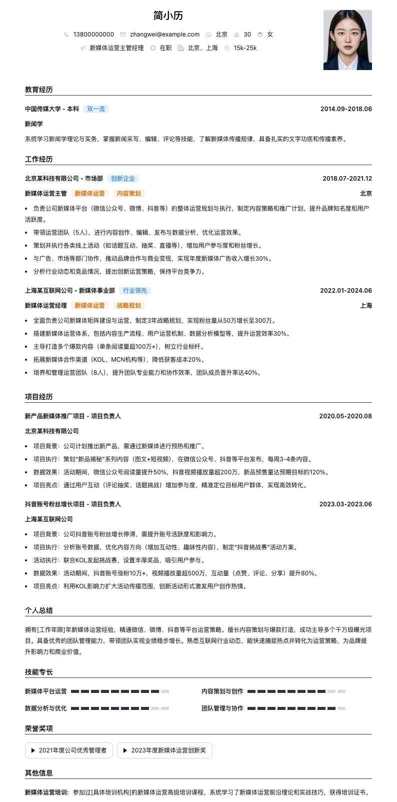 新媒体运营主管经理简历模板