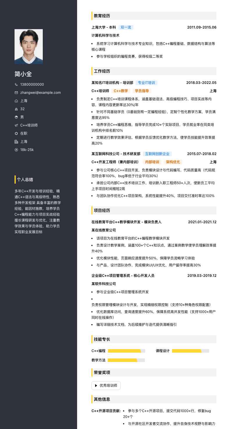 c++培训师简历模板