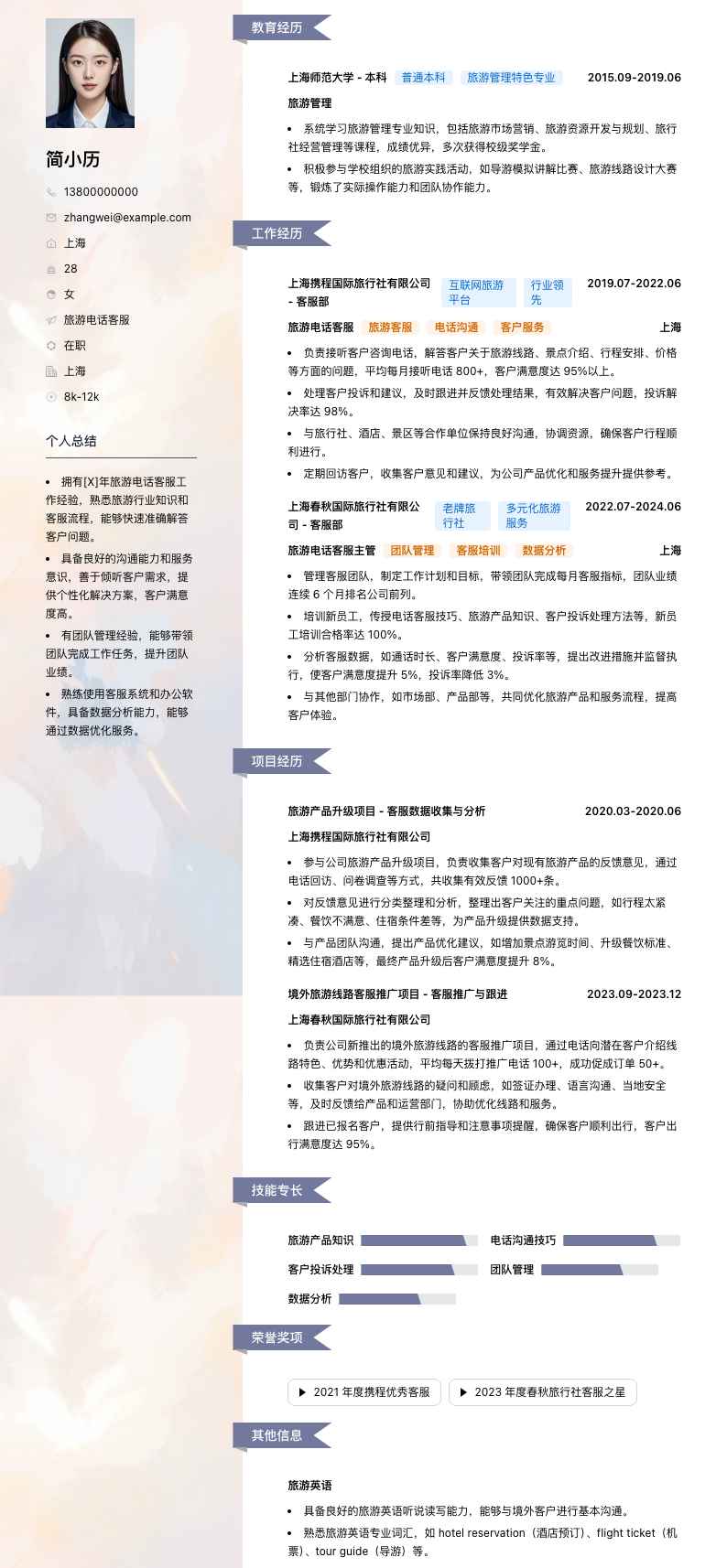 旅游电话客服简历模板