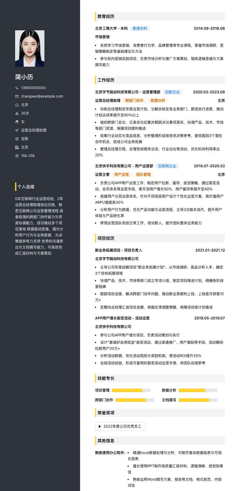 运营总经理助理简历模板