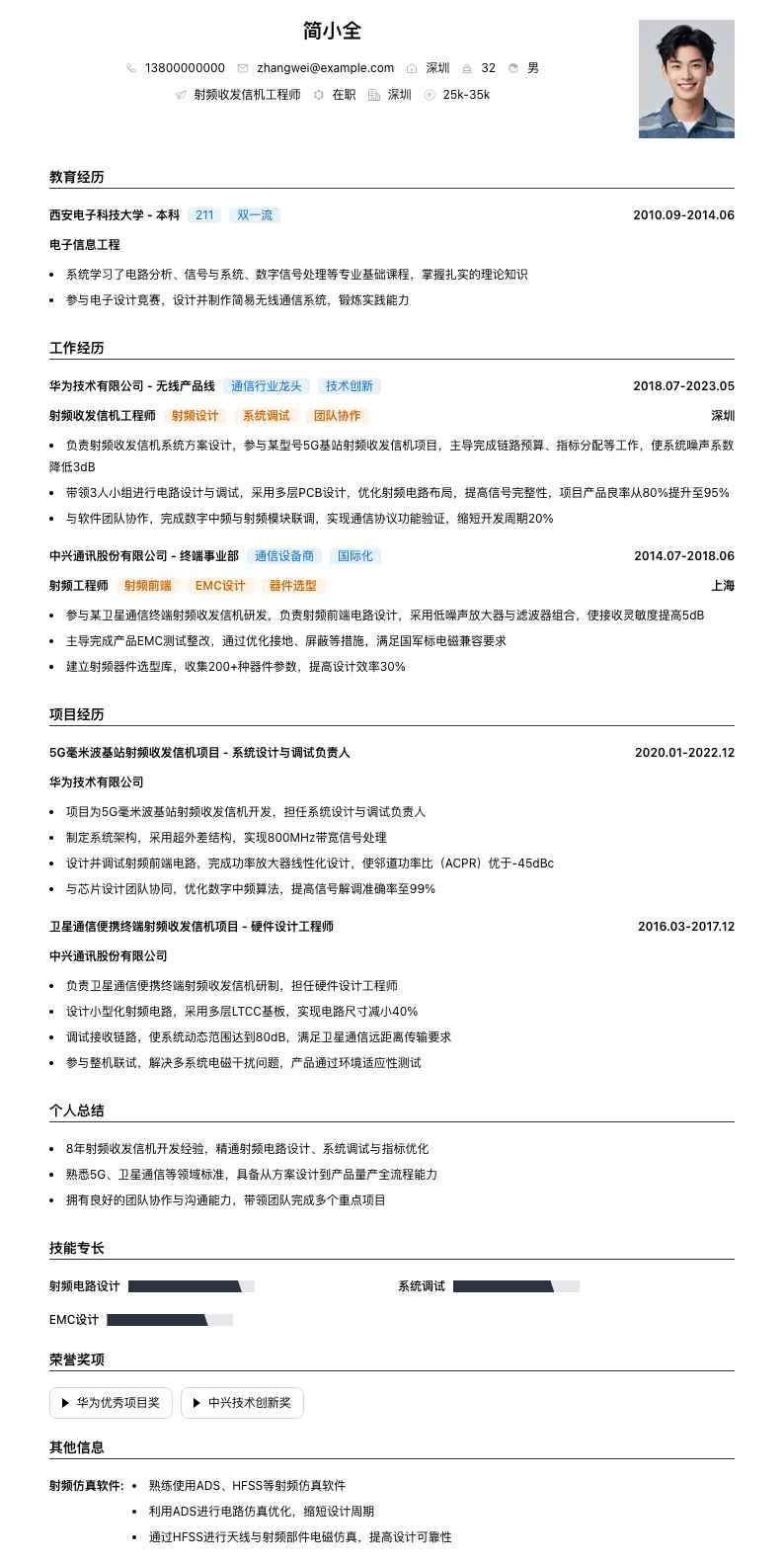 射频收发信机工程师简历模板