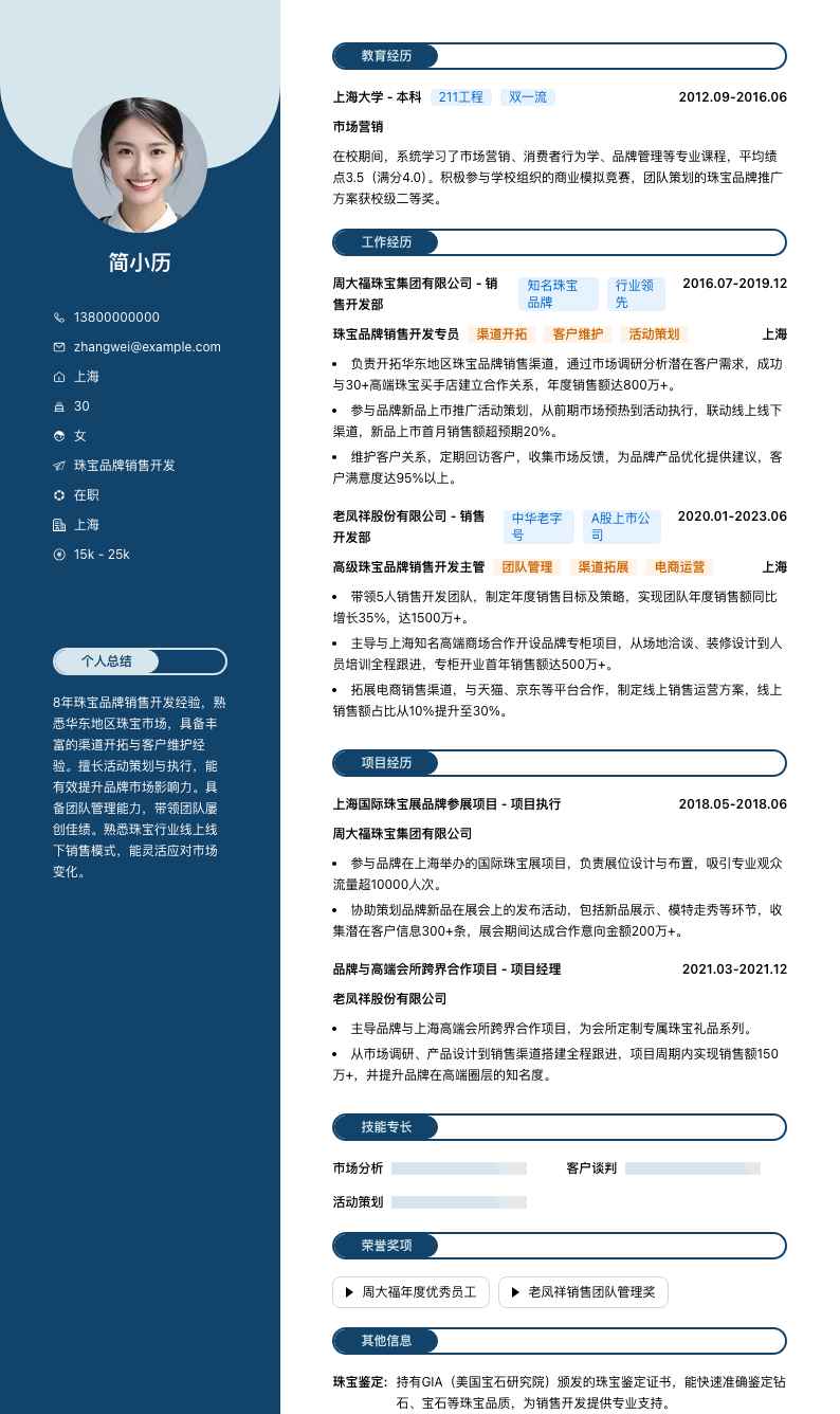 珠宝品牌销售简历模板