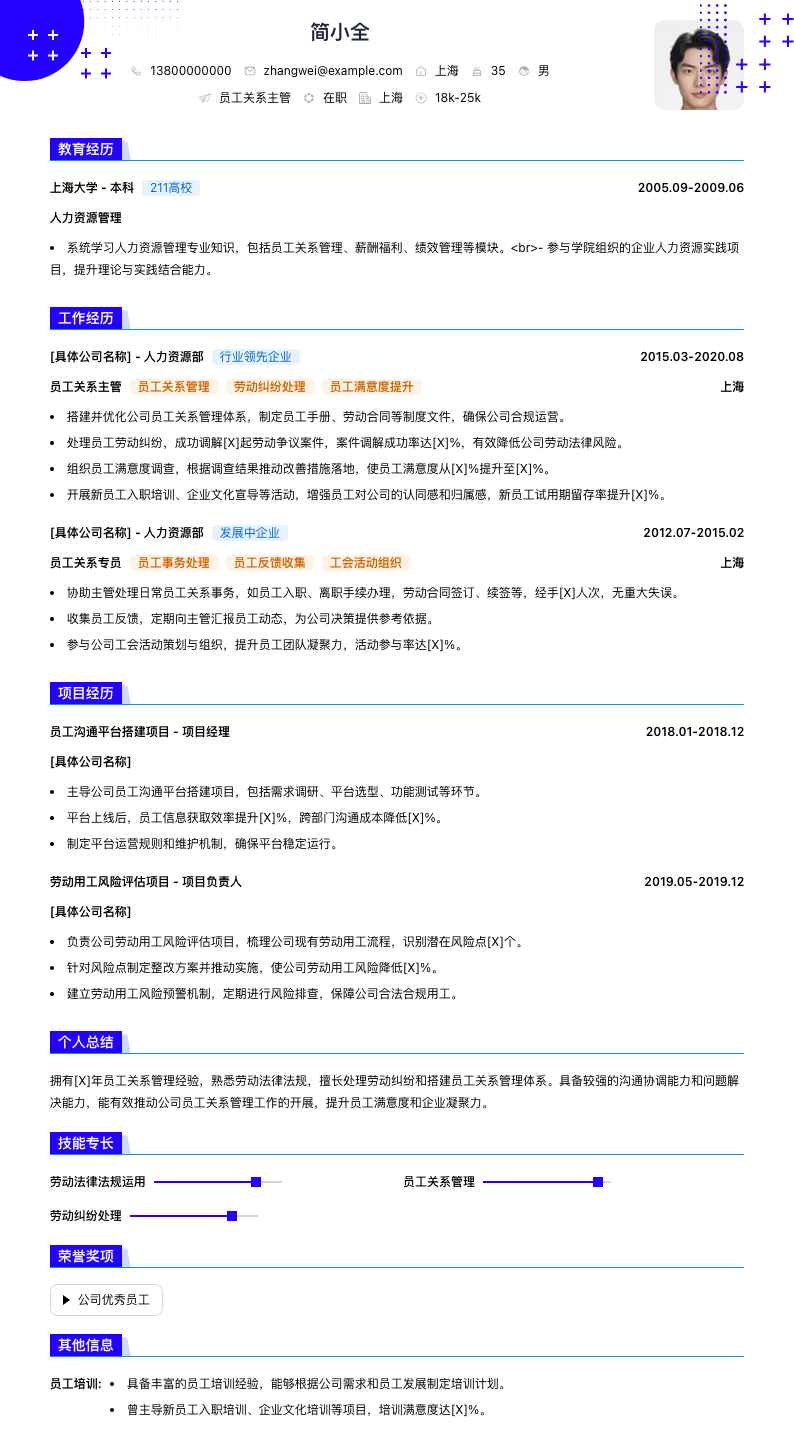 员工关系主管简历模板
