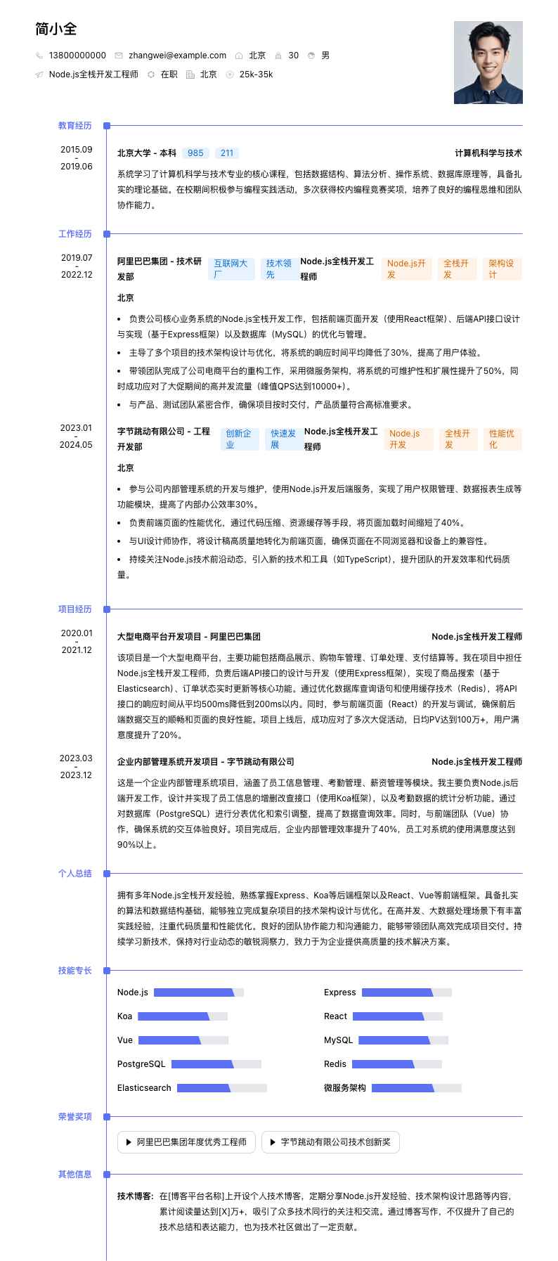 Node.js全栈开发工程师简历模板