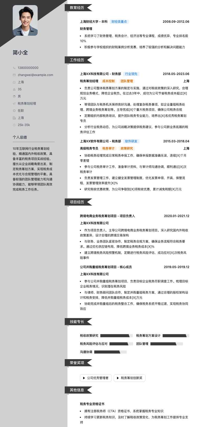 税务筹划经理简历模板