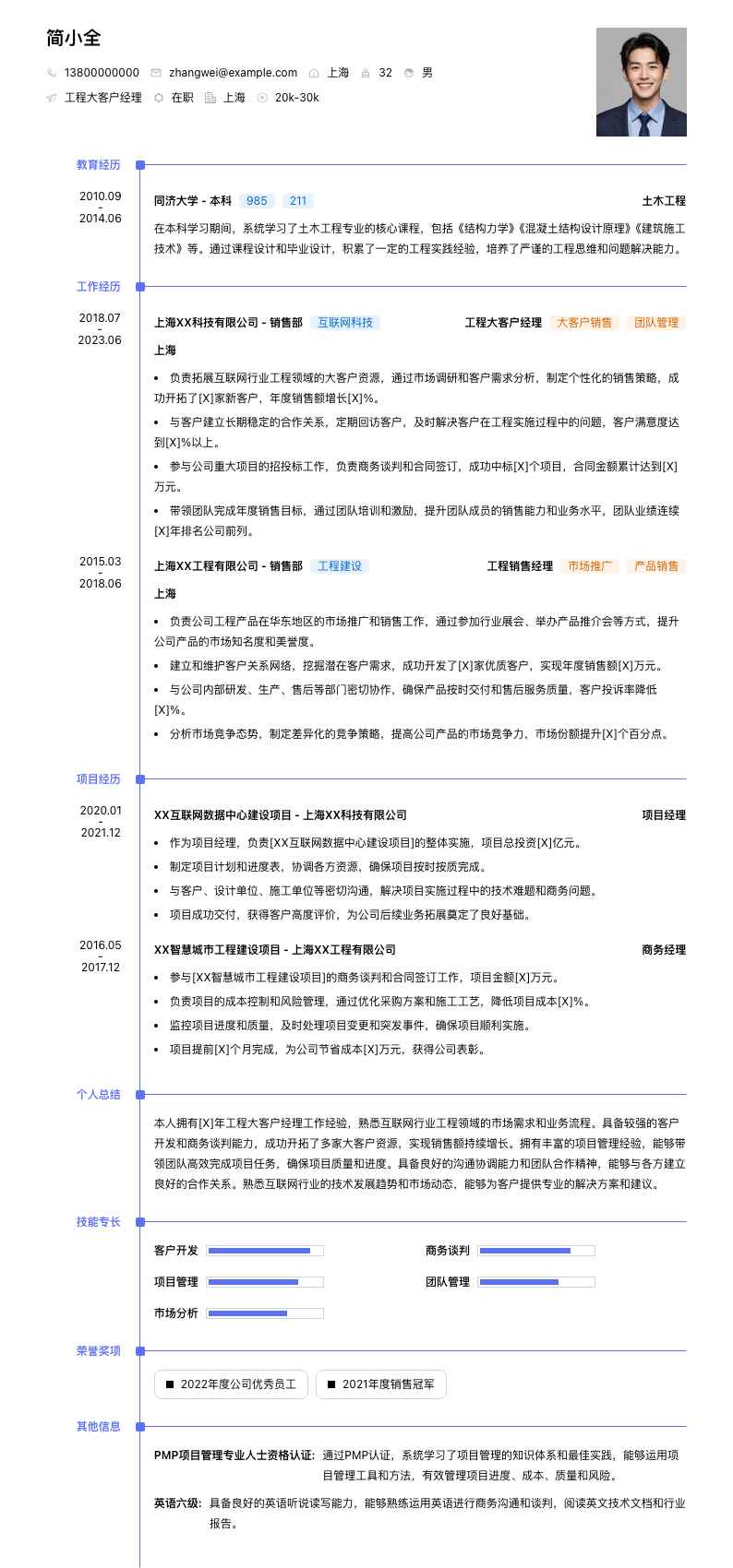 工程大客户经理简历模板