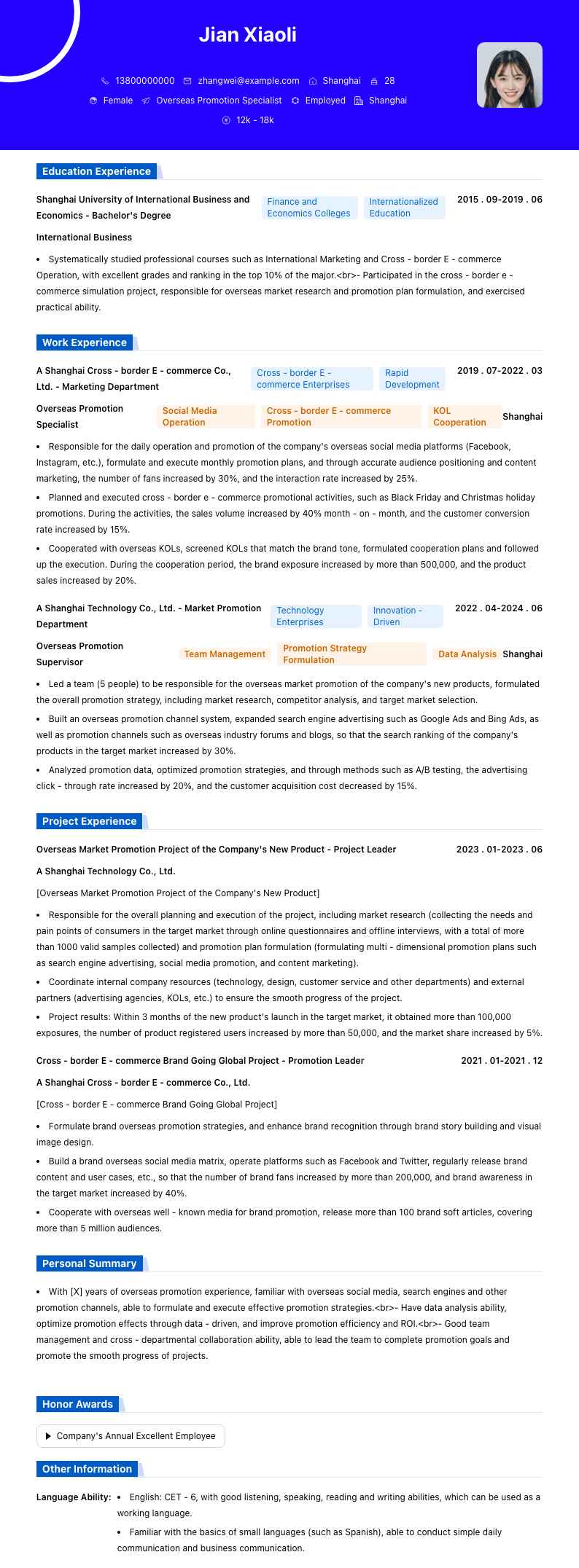 海外推广专员简历模板