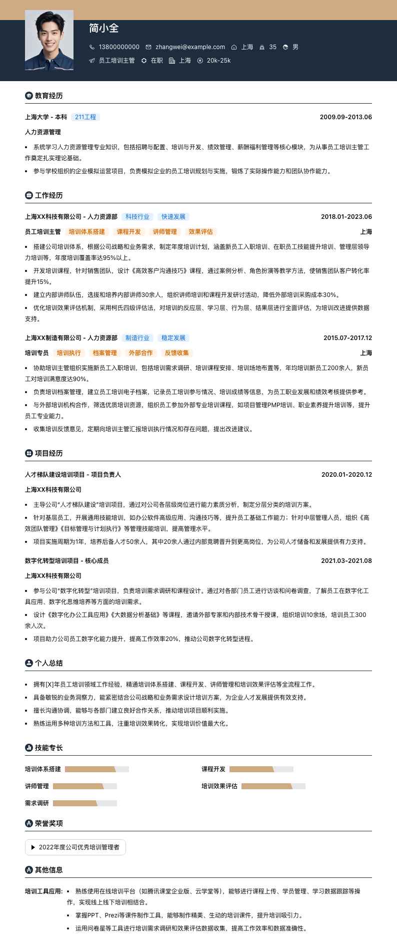 员工培训主管简历模板