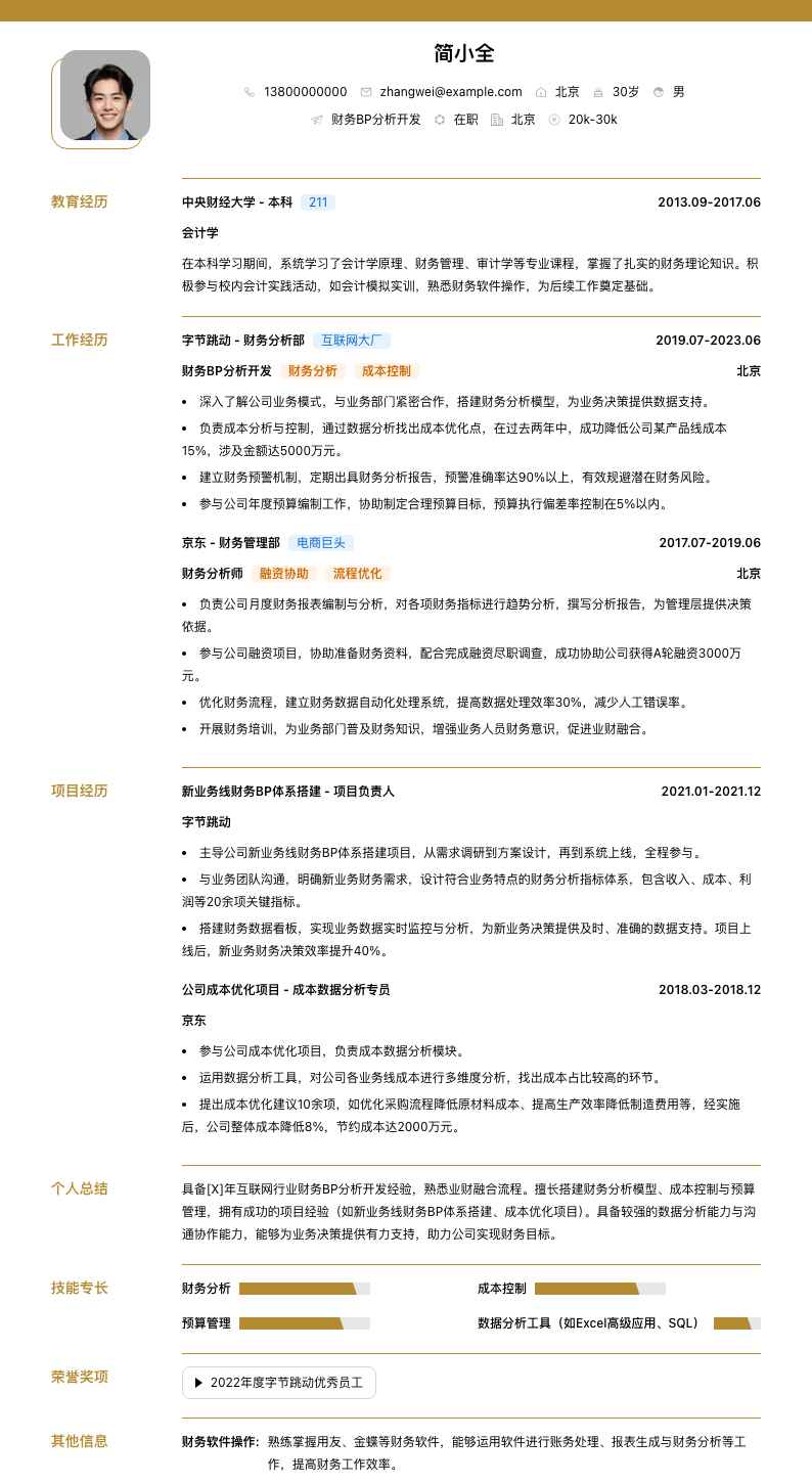 财务bp分析简历模板