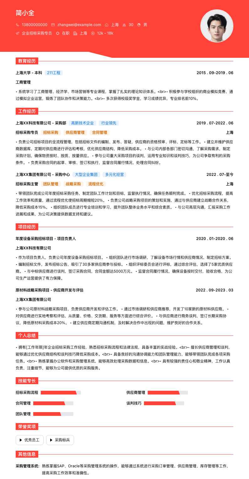 企业招标采购专员简历模板
