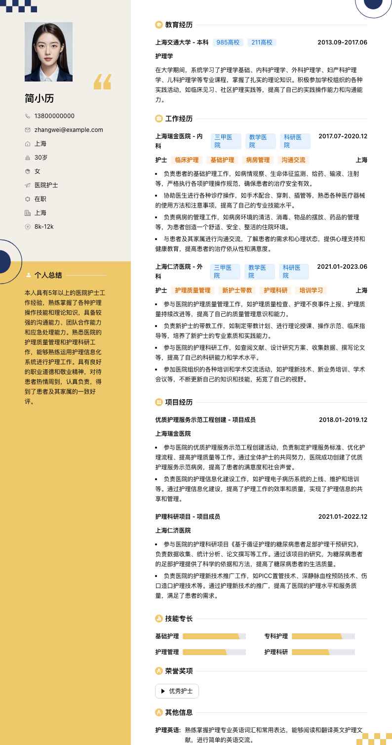 医院护士简历模板