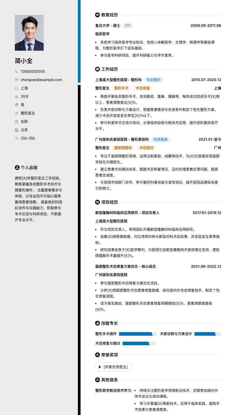 整形医生简历模板