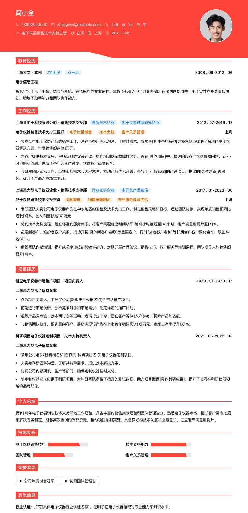 电子仪器销售技术支持主管简历模板