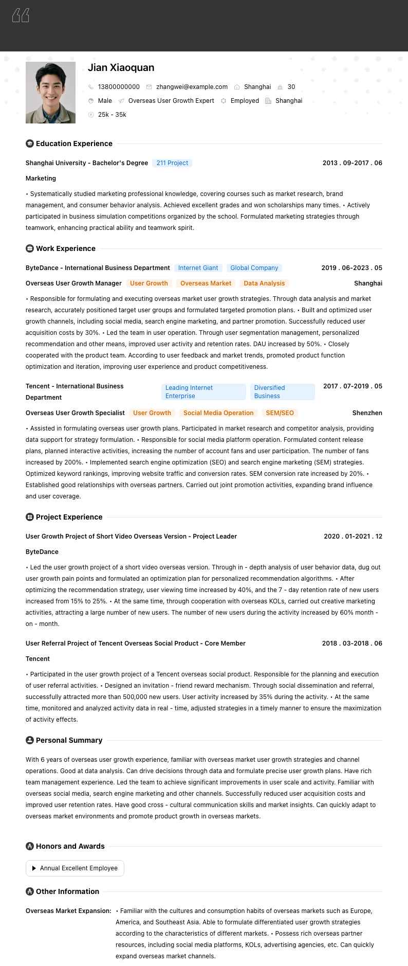 海外用户增长专家简历模板