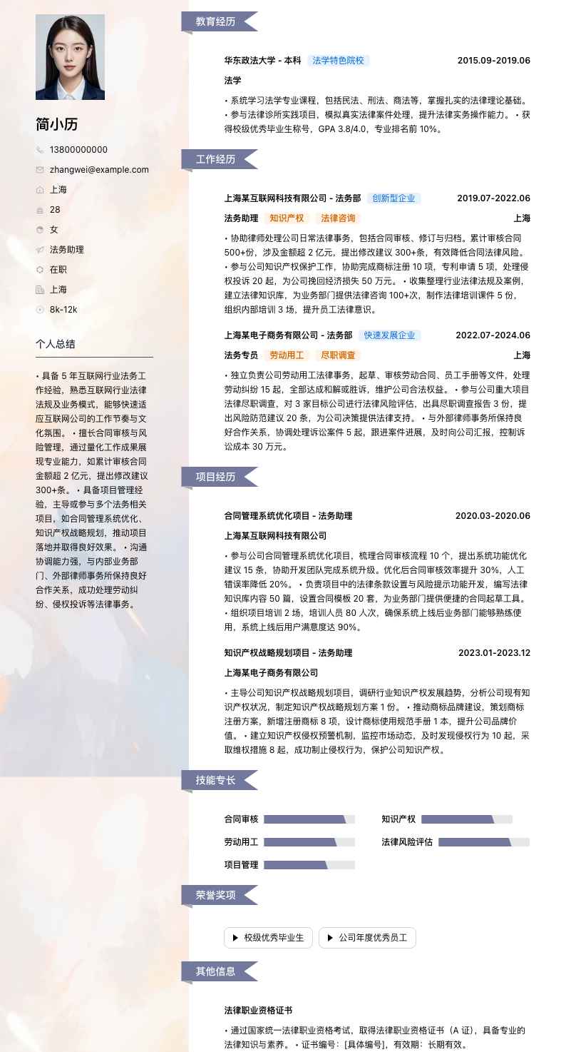 法务助理简历模板