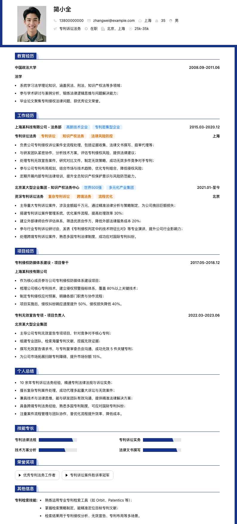 专利诉讼法务简历模板