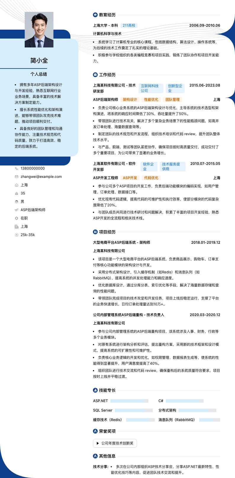 ASP后端架构师简历模板