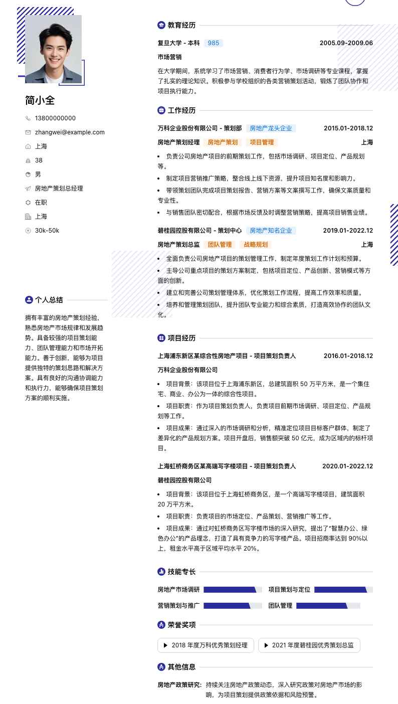 房地产策划总经理简历模板