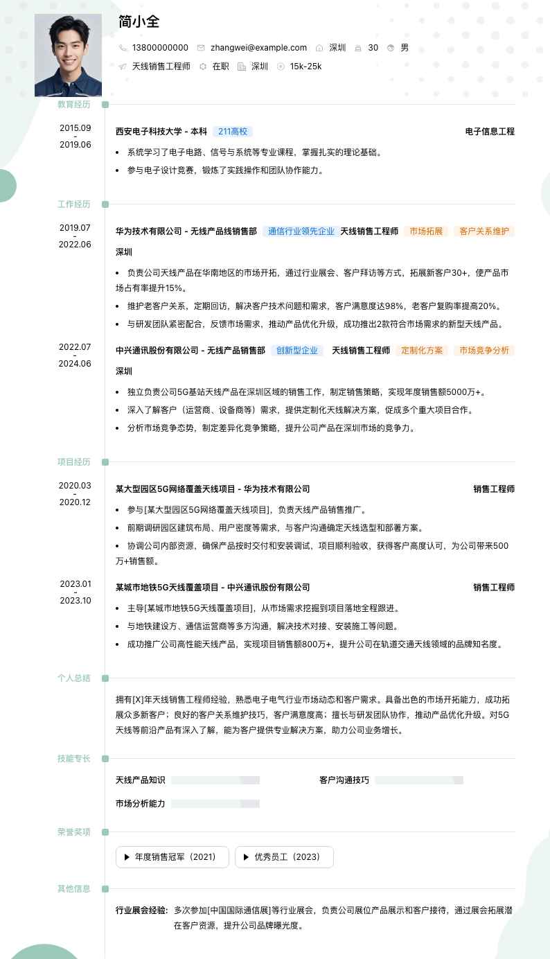 天线销售工程师简历模板