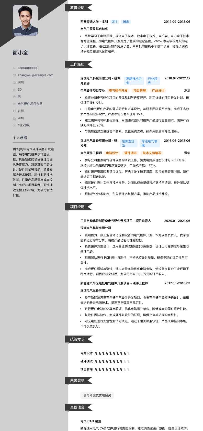 电气硬件项目专员简历模板