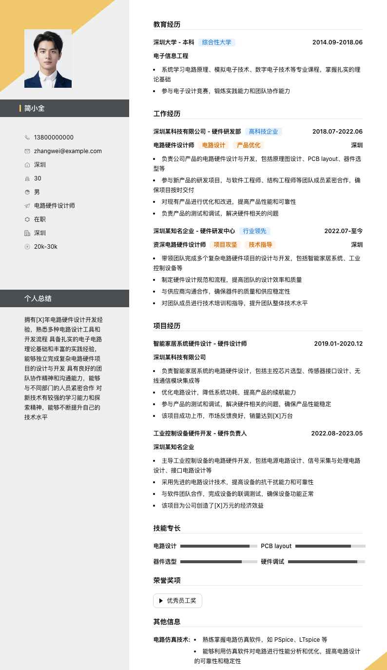 电路硬件设计师简历模板