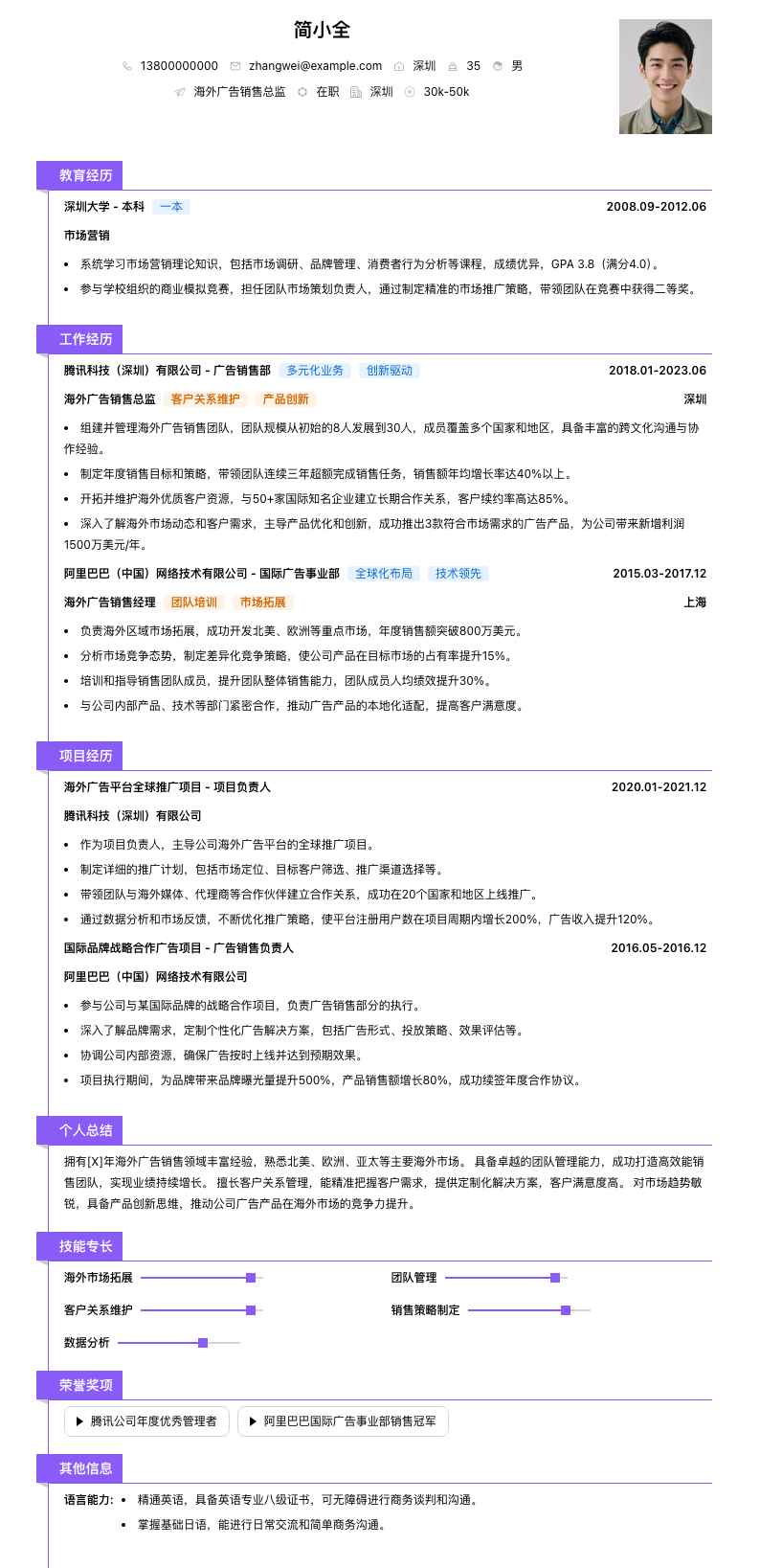 海外广告销售总监简历模板