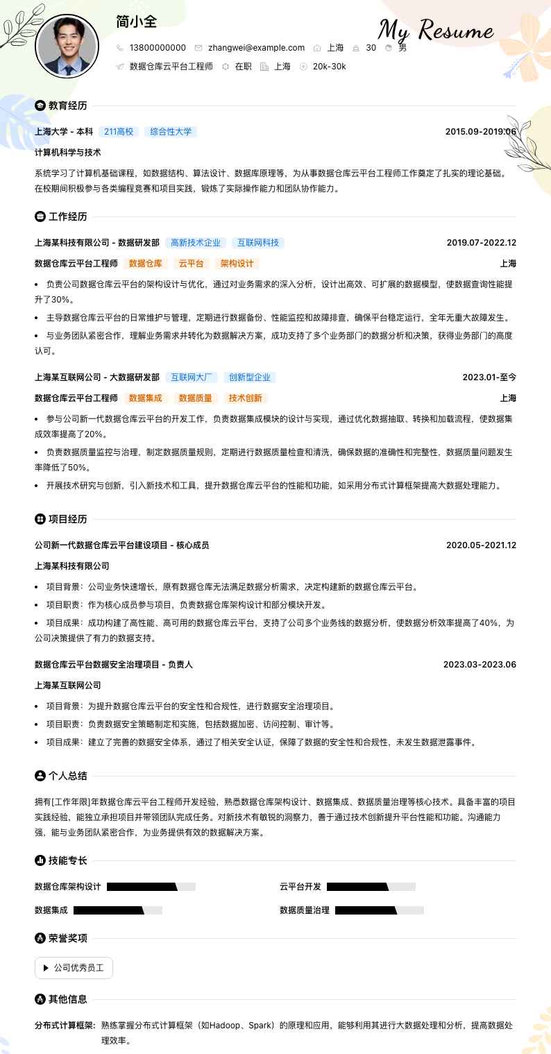 数据仓库云平台工程师简历模板