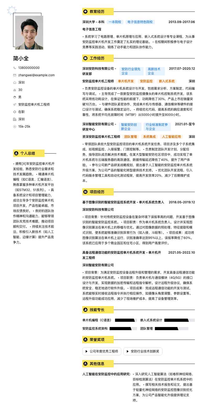 安防监控单片机工程师简历模板