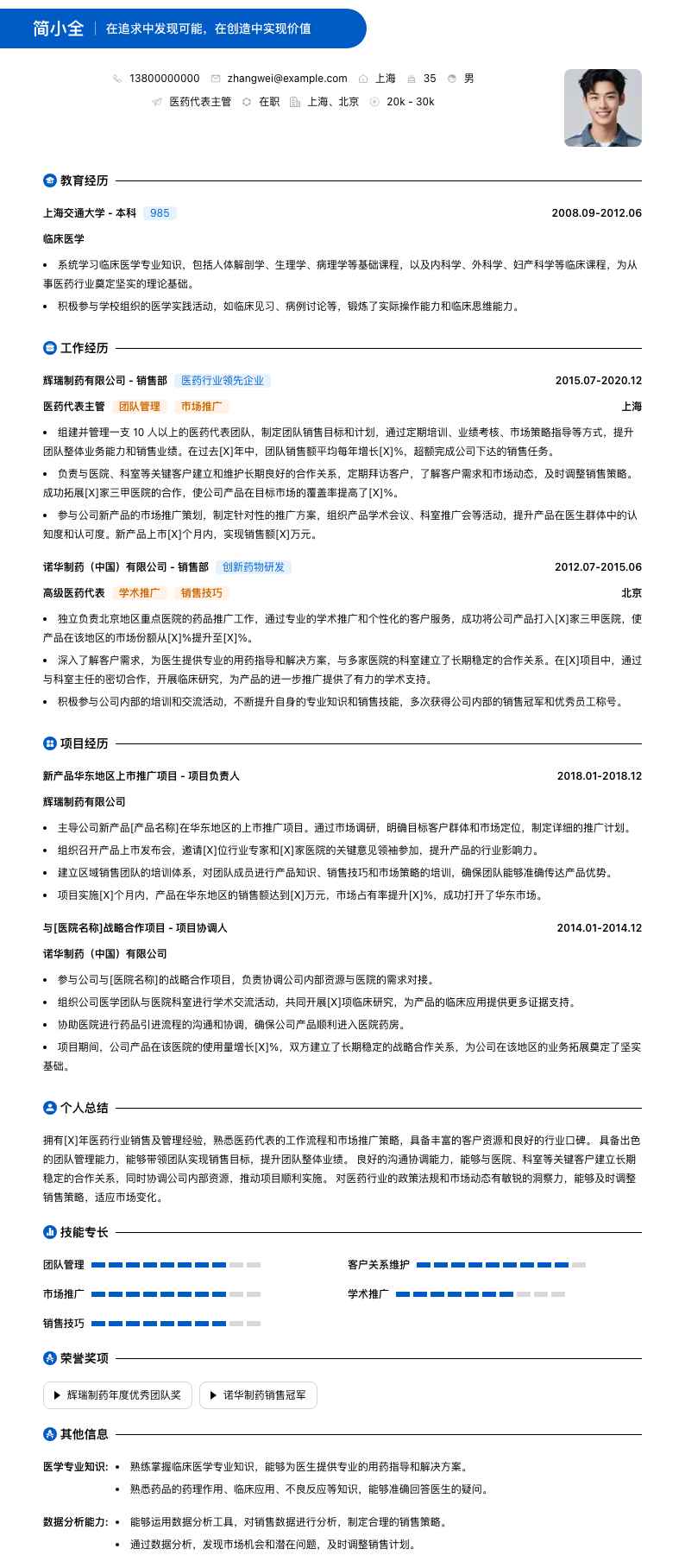 医药代表主管简历模板