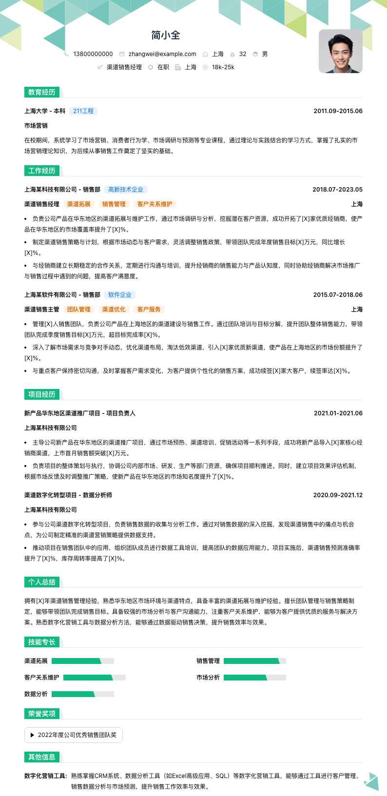 渠道销售经理简历模板