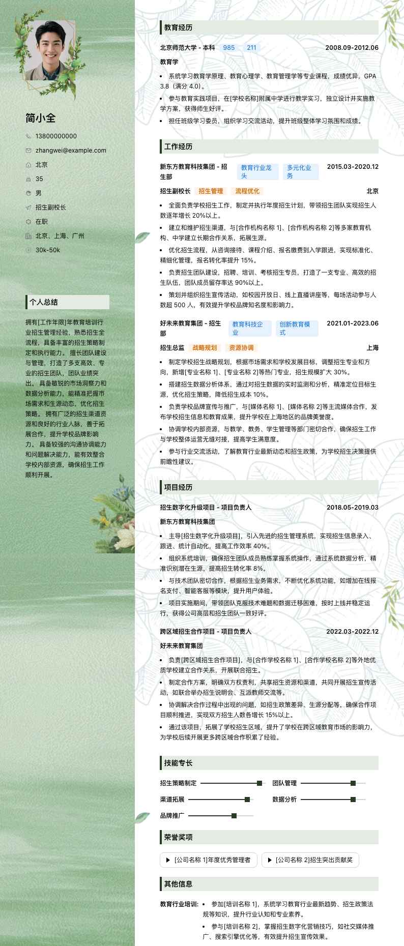 招生副校长简历模板