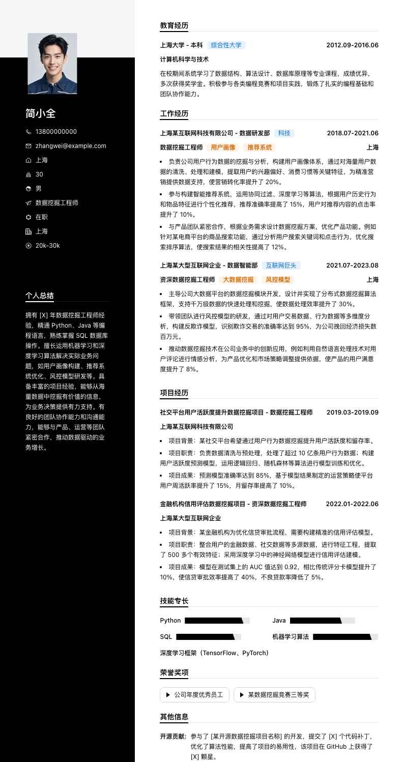 数据挖掘工程师简历模板