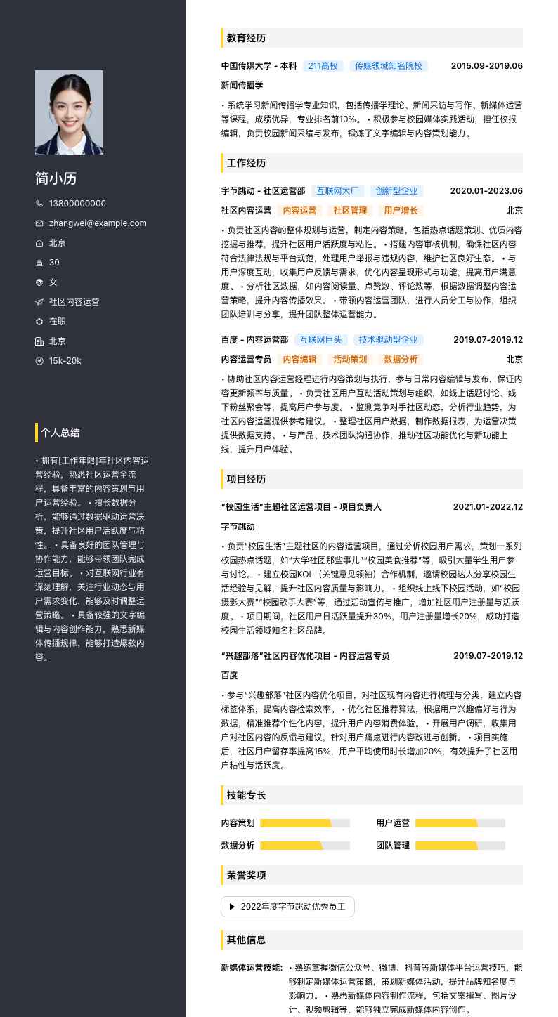 社区内容运营简历模板