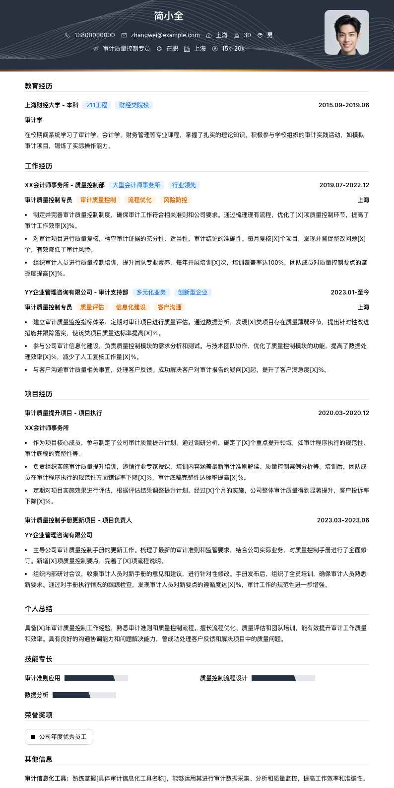 审计质量控制专员简历模板