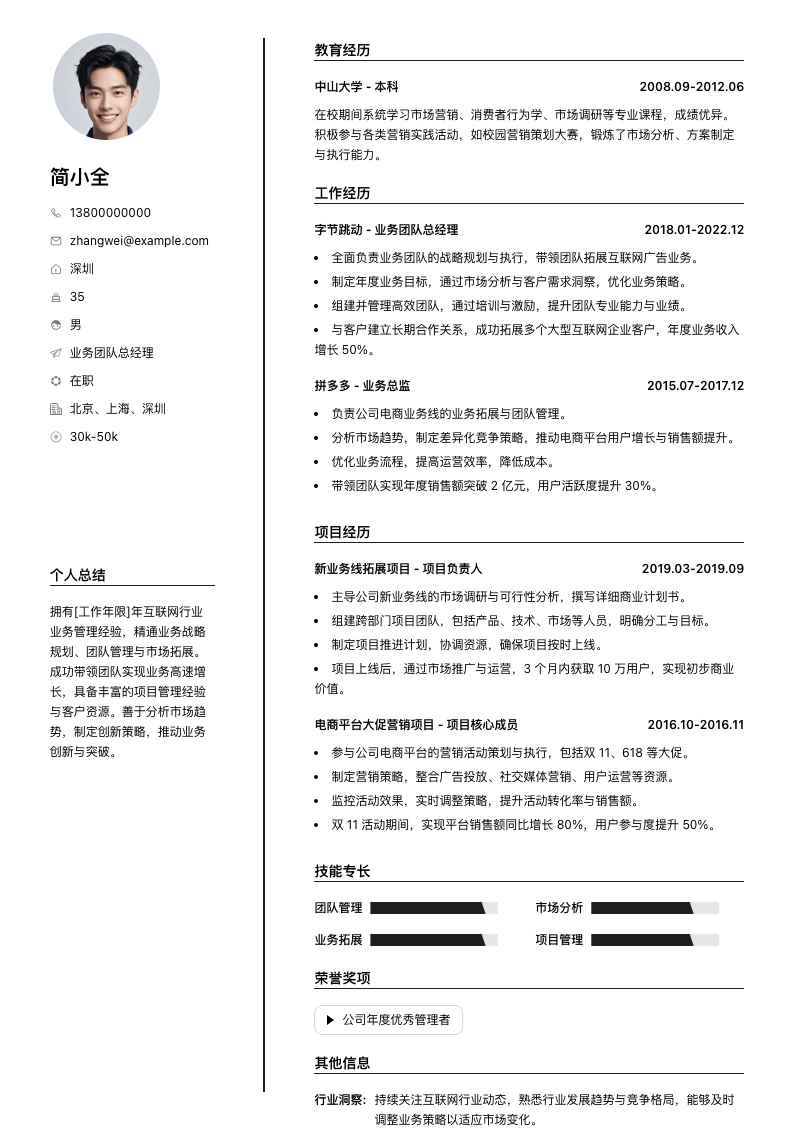 业务团队总经理简历模板