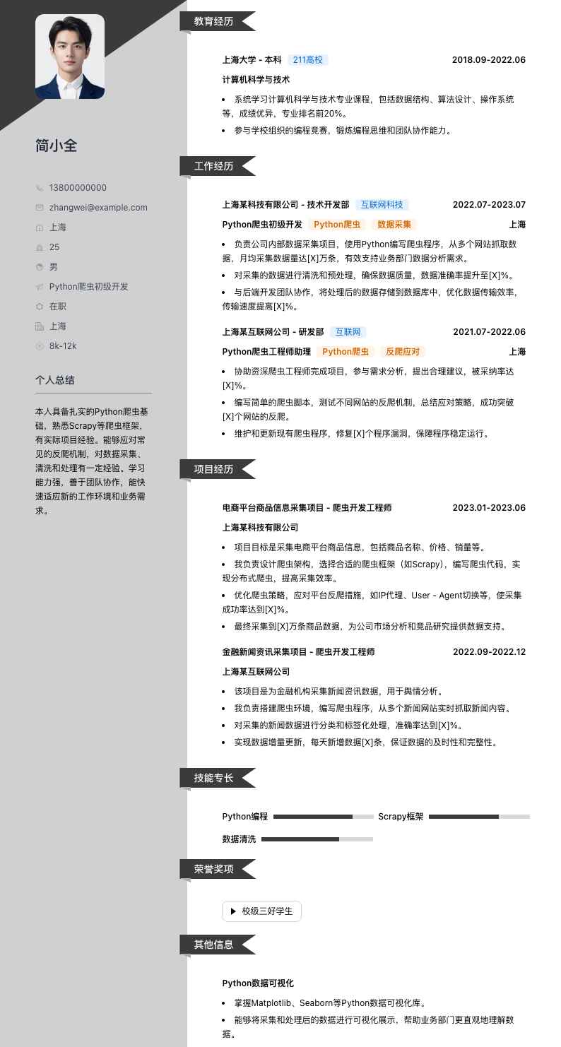python爬虫初级简历模板