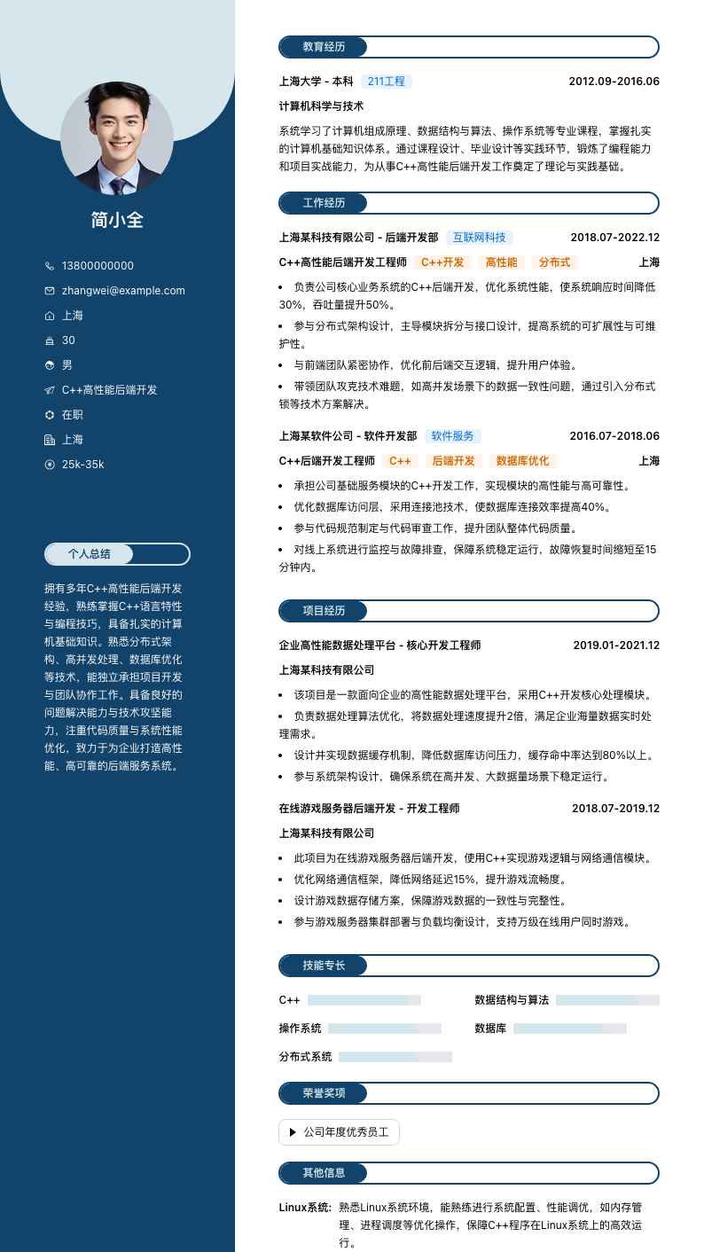C++高性能后端开发简历模板