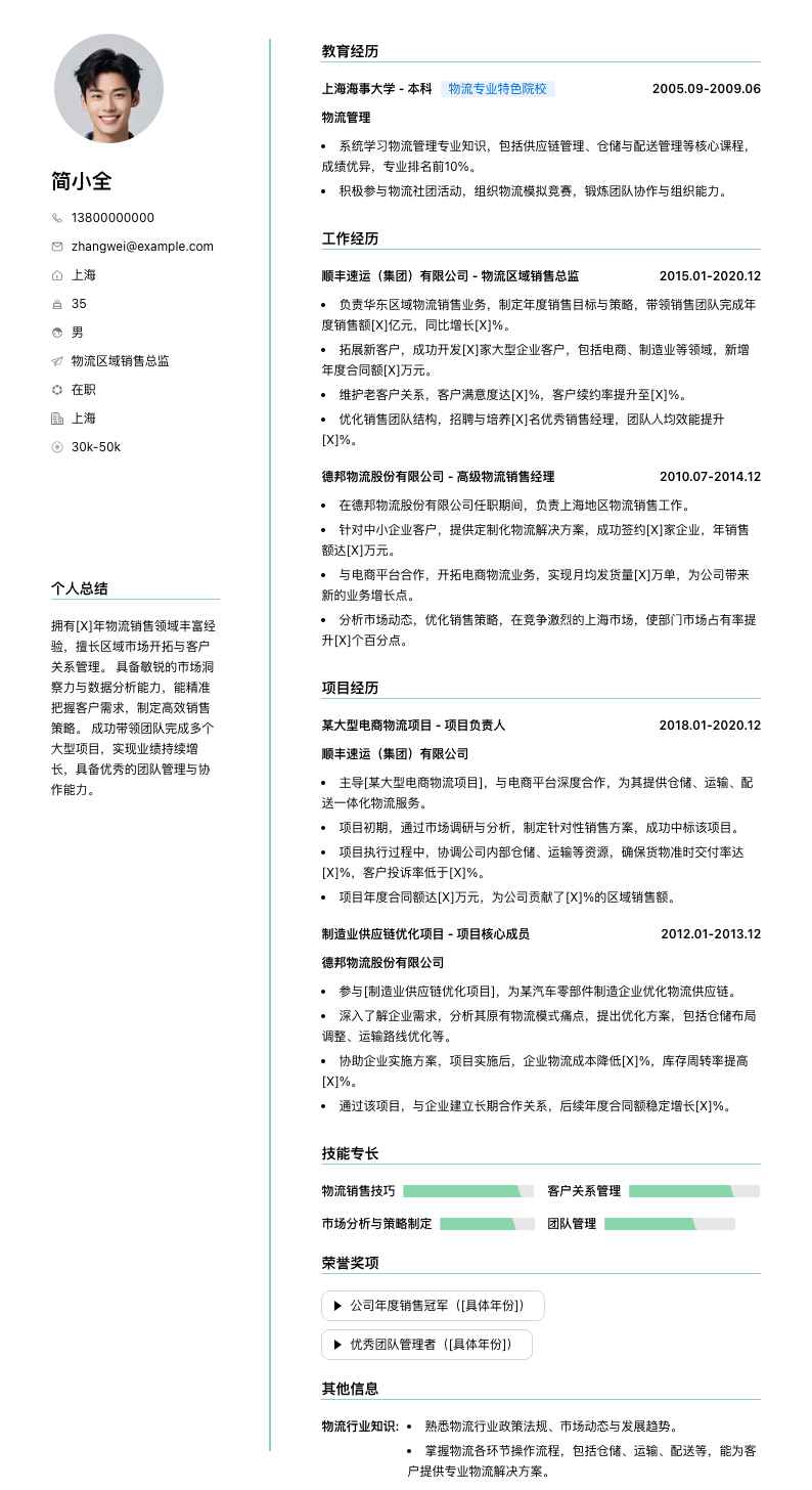 物流区域销售总监简历模板