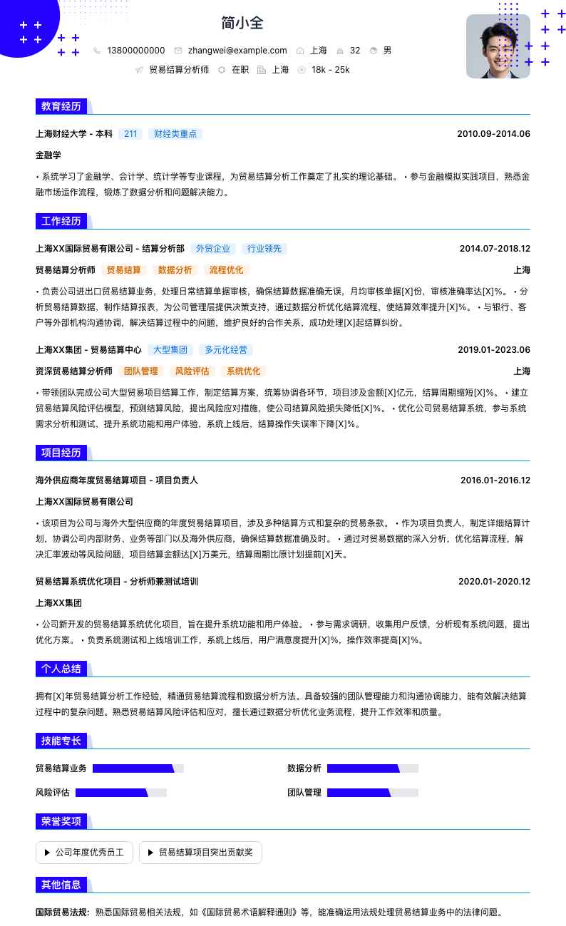 贸易结算分析师简历模板