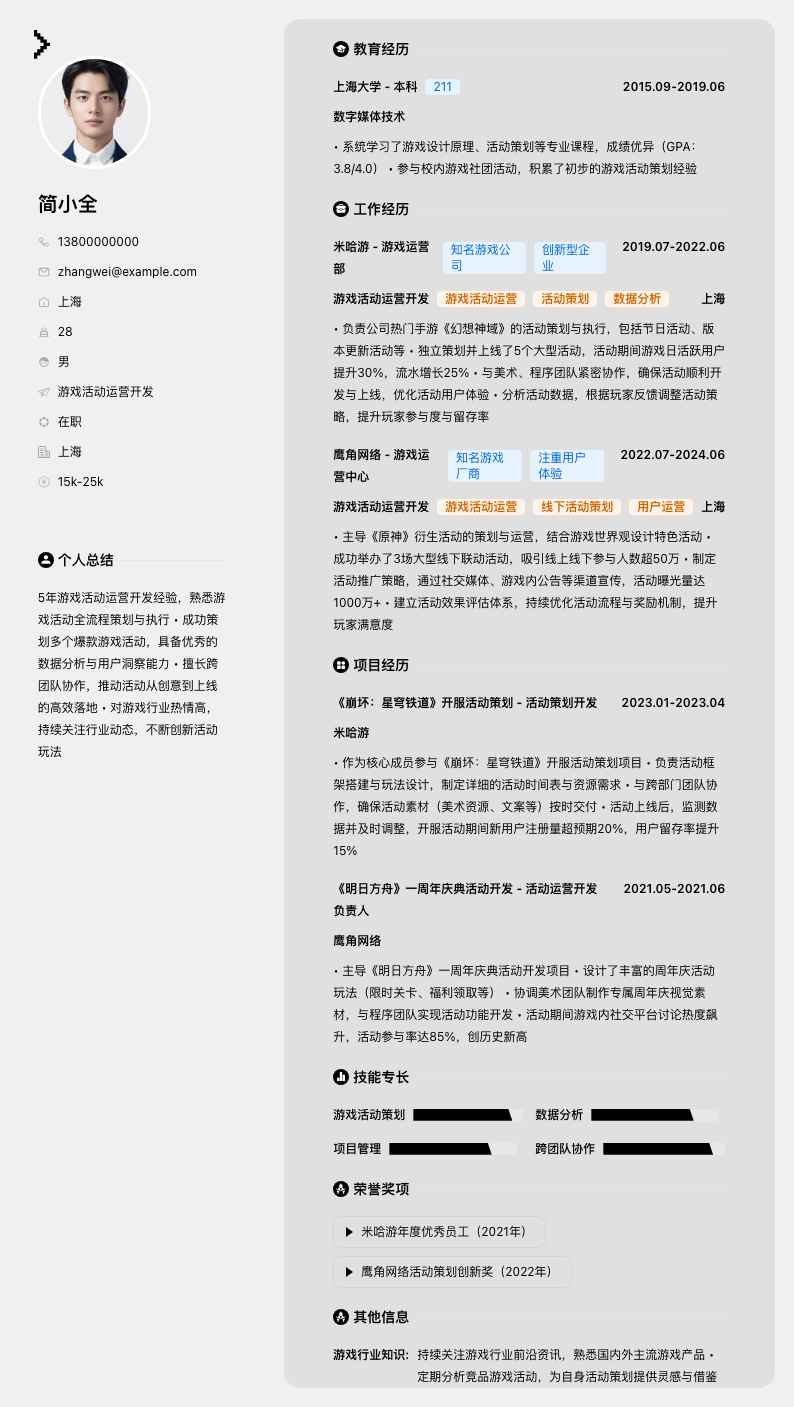 游戏活动运营简历模板