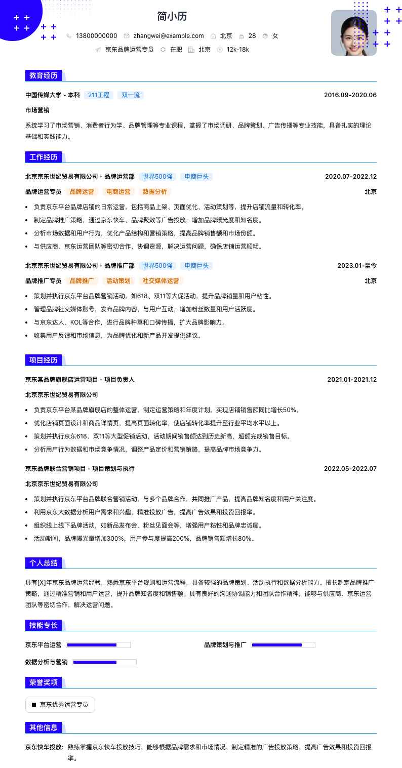 京东品牌运营专员简历模板