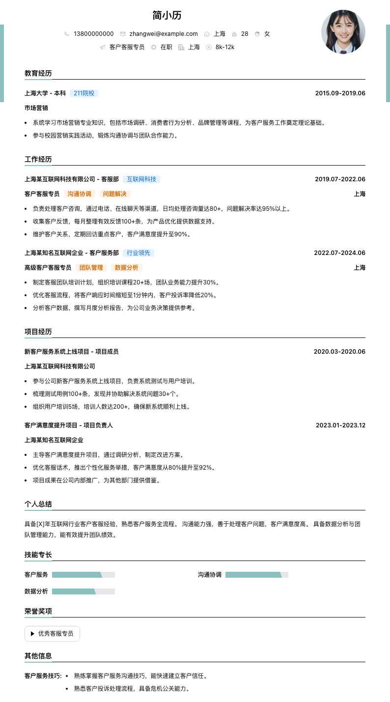 客户客服专员简历模板