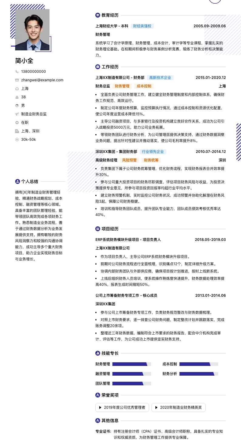 制造业财务总监简历模板