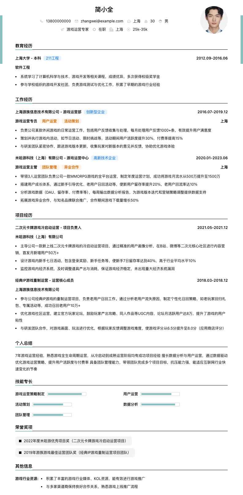 游戏运营专家简历模板