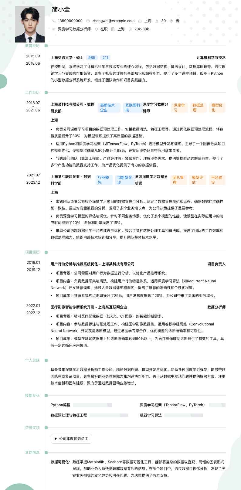 深度学习数据分析师简历模板