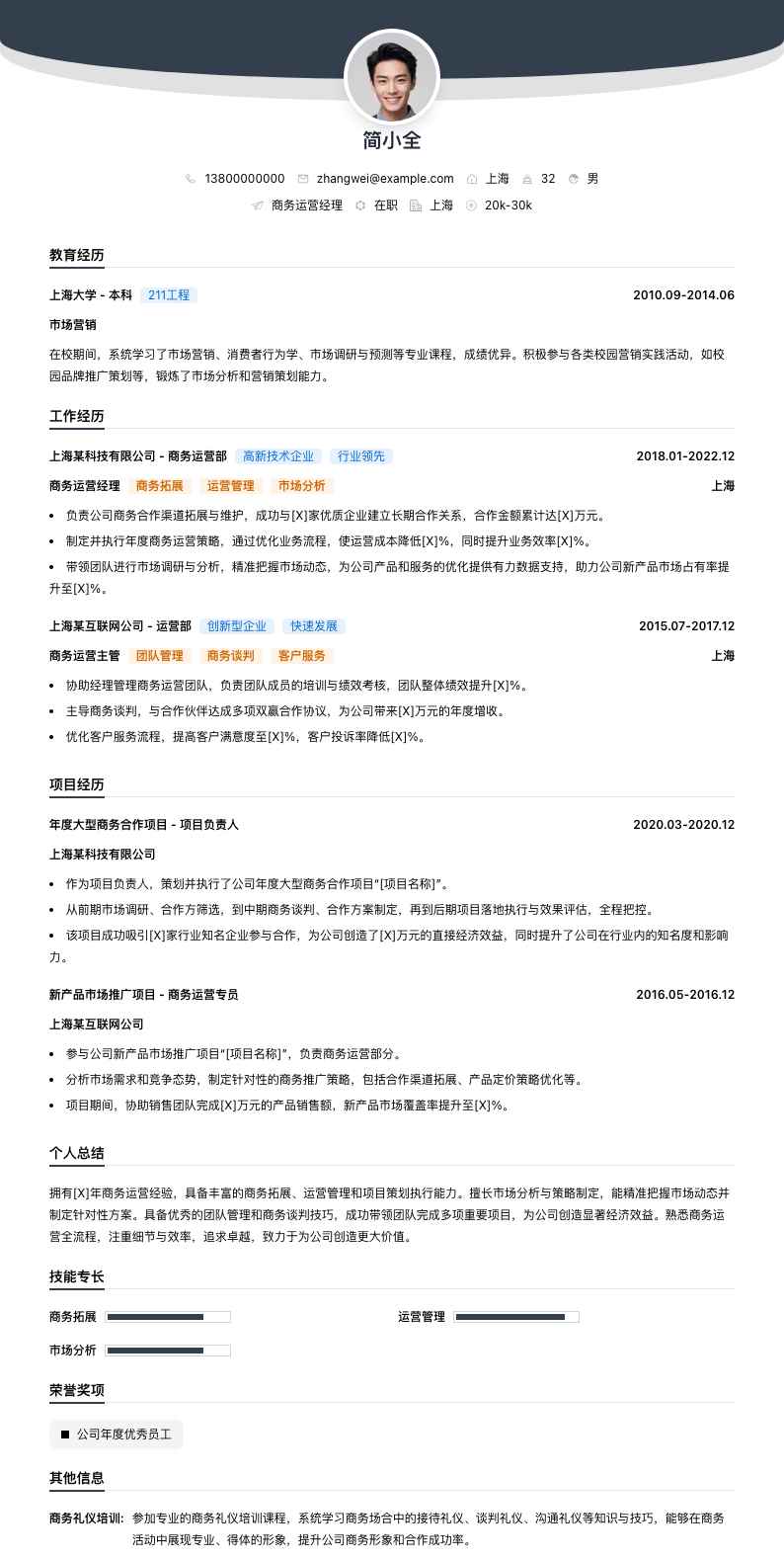 商务运营经理简历模板