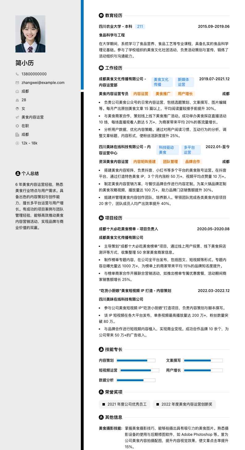 美食内容运营简历模板