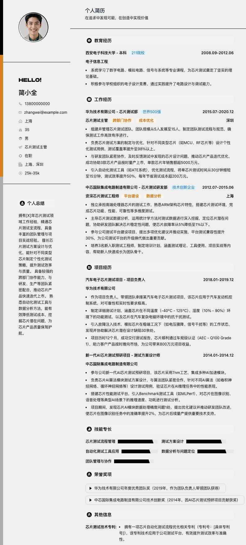 芯片测试主管简历模板