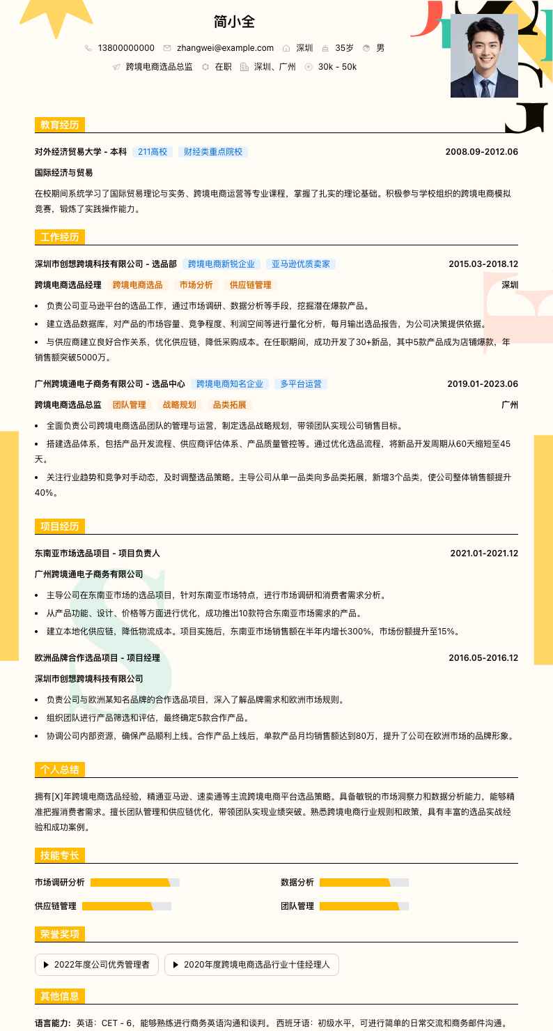 跨境电商选品总监简历模板